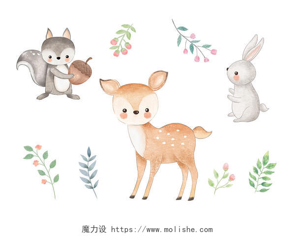 水彩动物小鹿松子兔子森系治愈可爱卡通动物